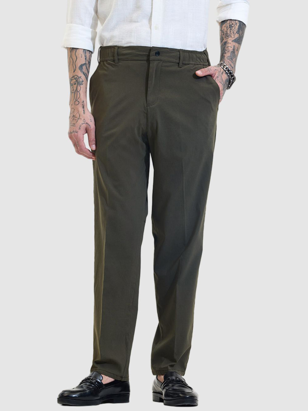 Snitch Men Smart Olive Mid-Rise Slim Fit Formal Trouser