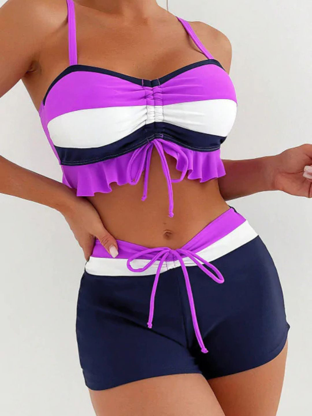 ANGEL CROSHET Women's 2 Piece Swimsuit Color Block Ruffled Tie Bikini Set