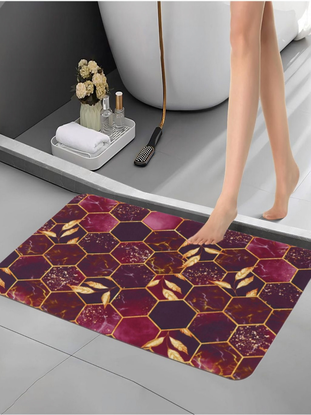 Aura Brown & Yellow Printed Anti Skid Bath Rug