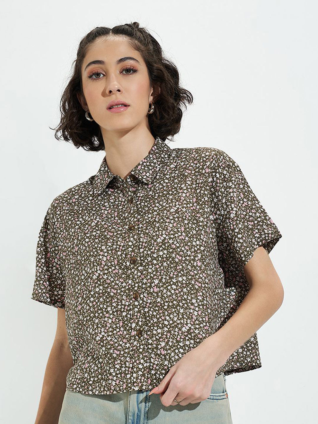 SF JEANS by Pantaloons Animal Print Shirt Collar Extended Sleeves Top