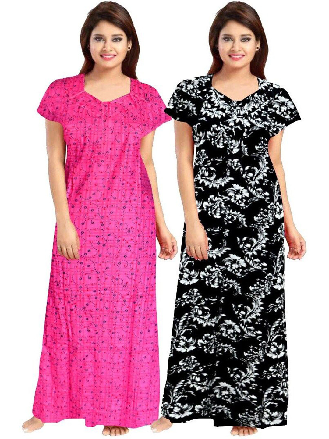 PR PINK ROYAL Pack of 2 Floral Printed Pure Cotton Maxi Nightdress