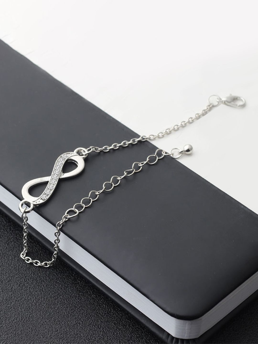 Peora Silver-Plated Cubic Zirconia Studded Link Bracelet With Red Rose