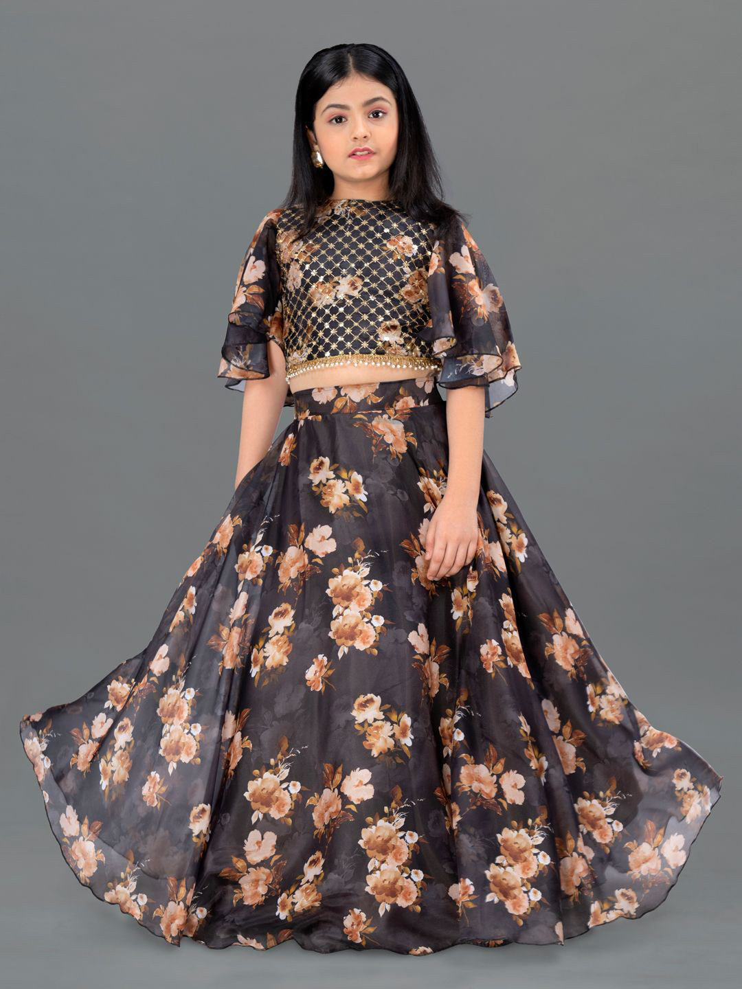 Sangria Girls Floral Printed Short Sleeves Lehenga Choli
