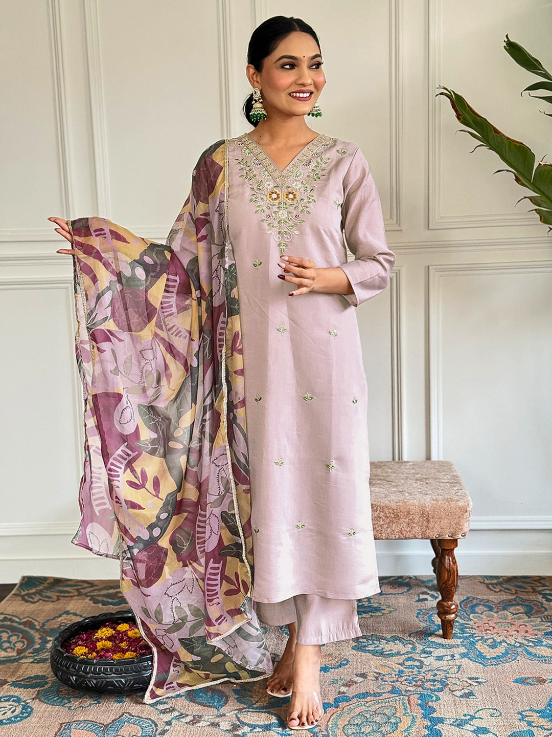 S.K.C Floral Embroidered Thread Work Chanderi Cotton Straight Kurta With Trouser & Dupatta