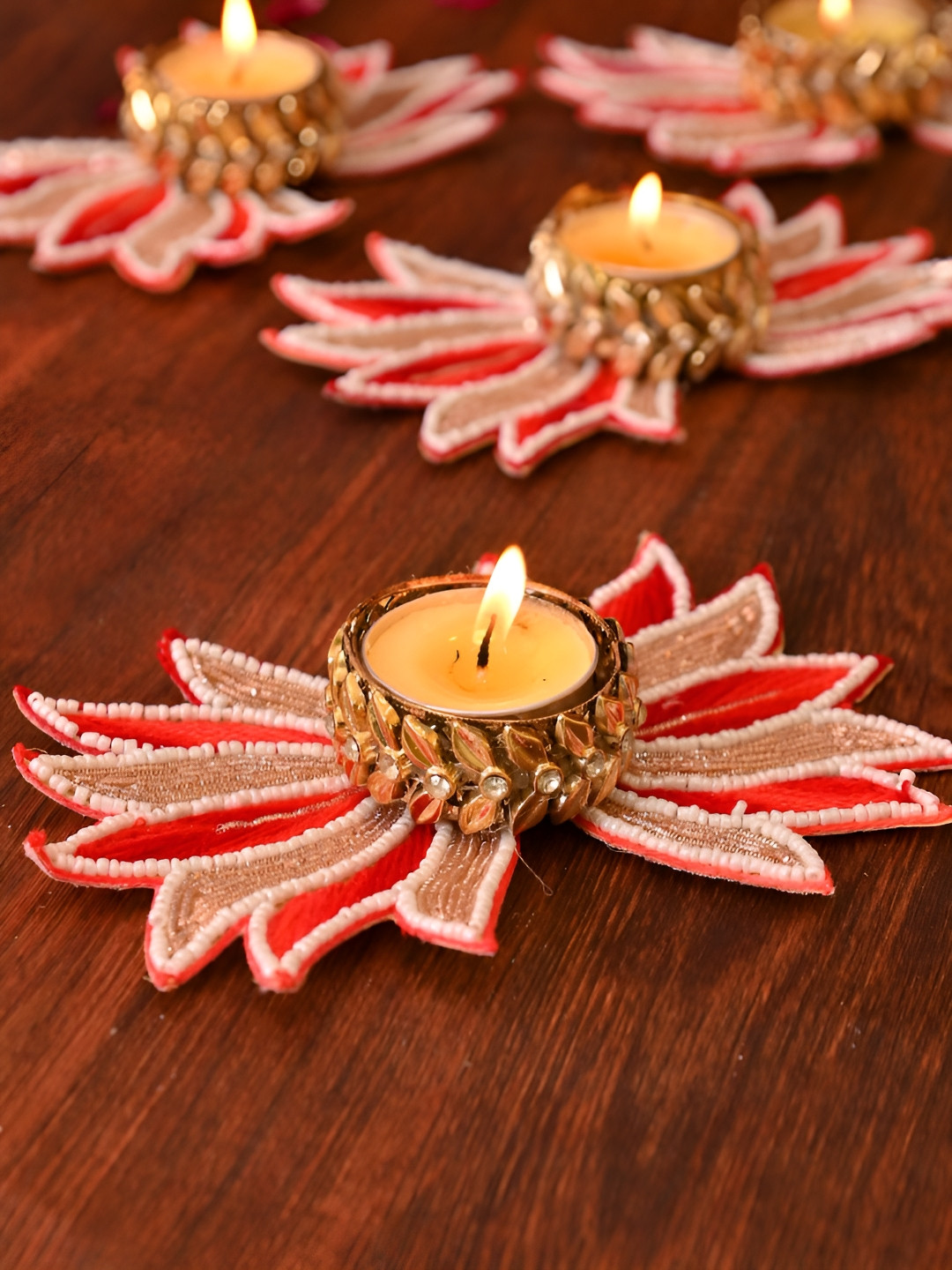 Myntra Elegant Homes Gold-Toned & Red 2 Pieces Lotus Tea Light Artistry Candle Holder