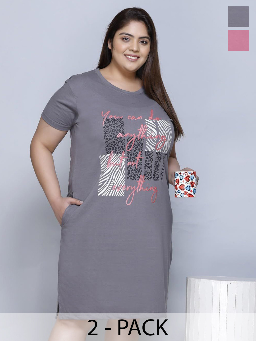 IN Love Pack of 2 Women Plus Size Front Printed Cotton Nighty Chemise