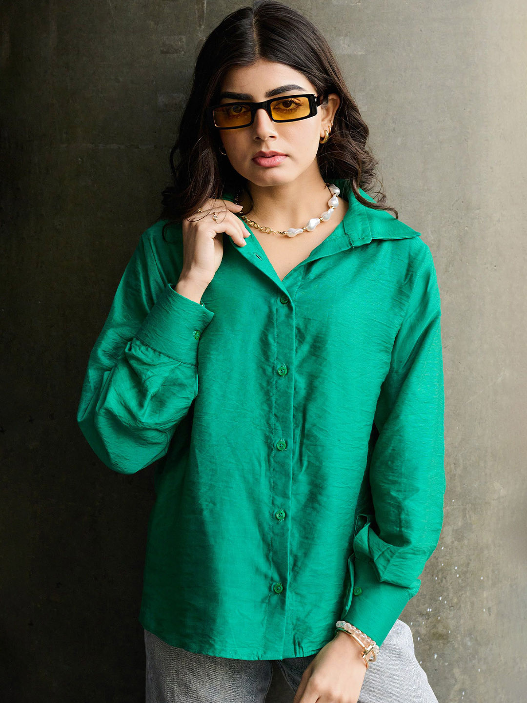 THE HOUSE OF INDU Women Regular Fit Spread Collar Solid Chanderi Casual Shirt