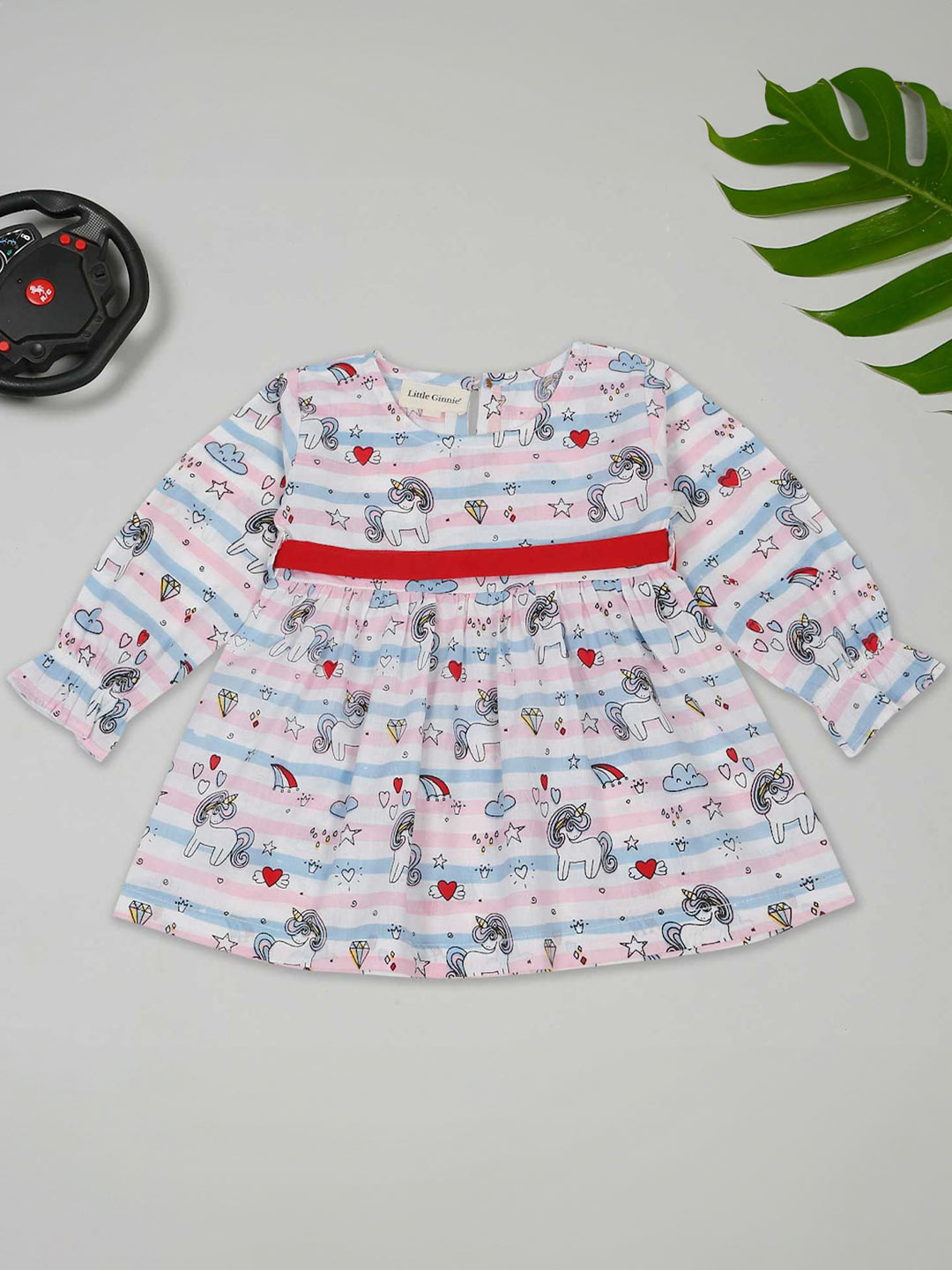 LITTLE GINNIE Girl Unicorn Print Belted Fit & Flare Dress