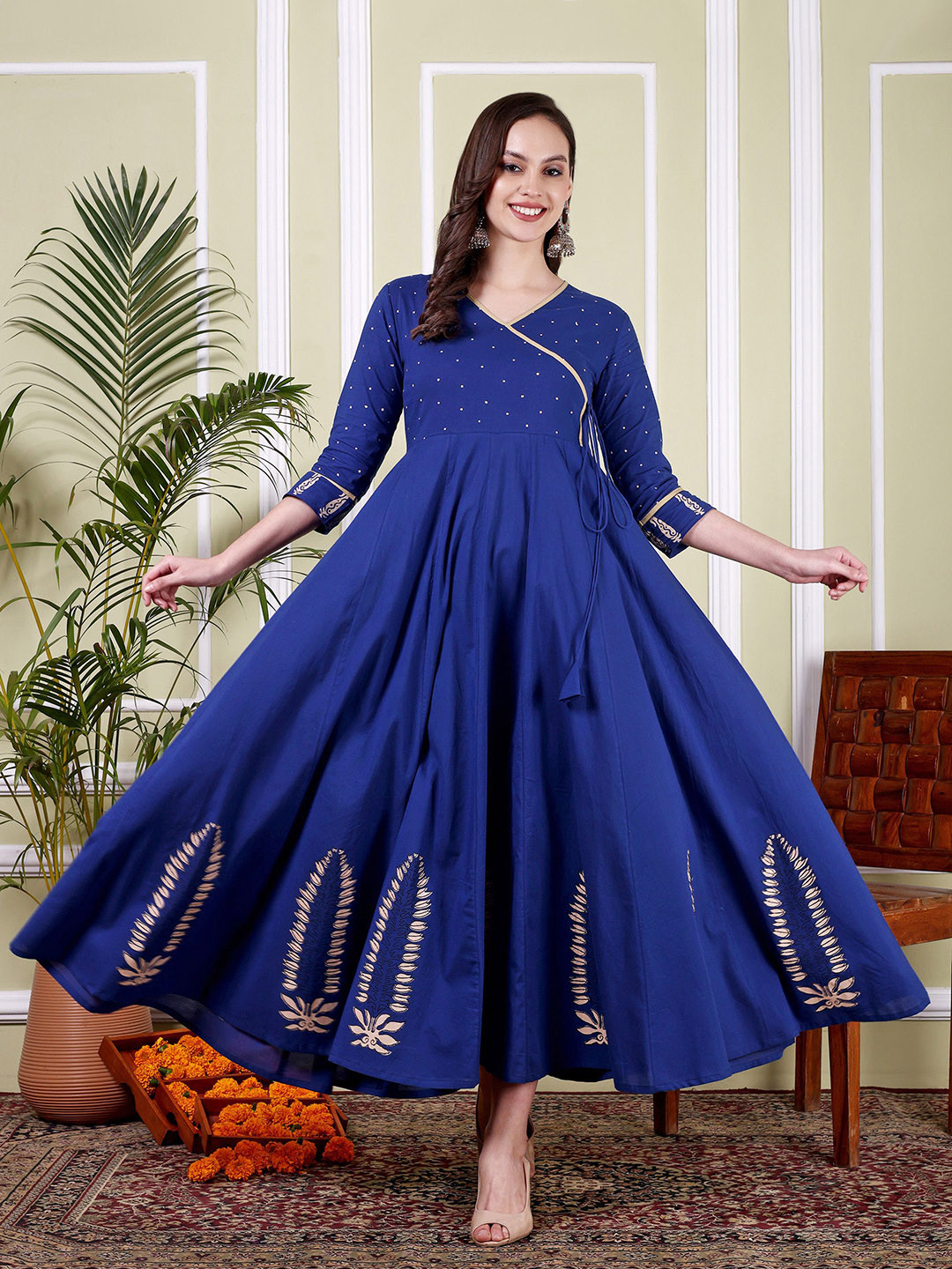 TARANJAL Floral Printed Angrakha V-Neck Cotton Anarkali Kurta
