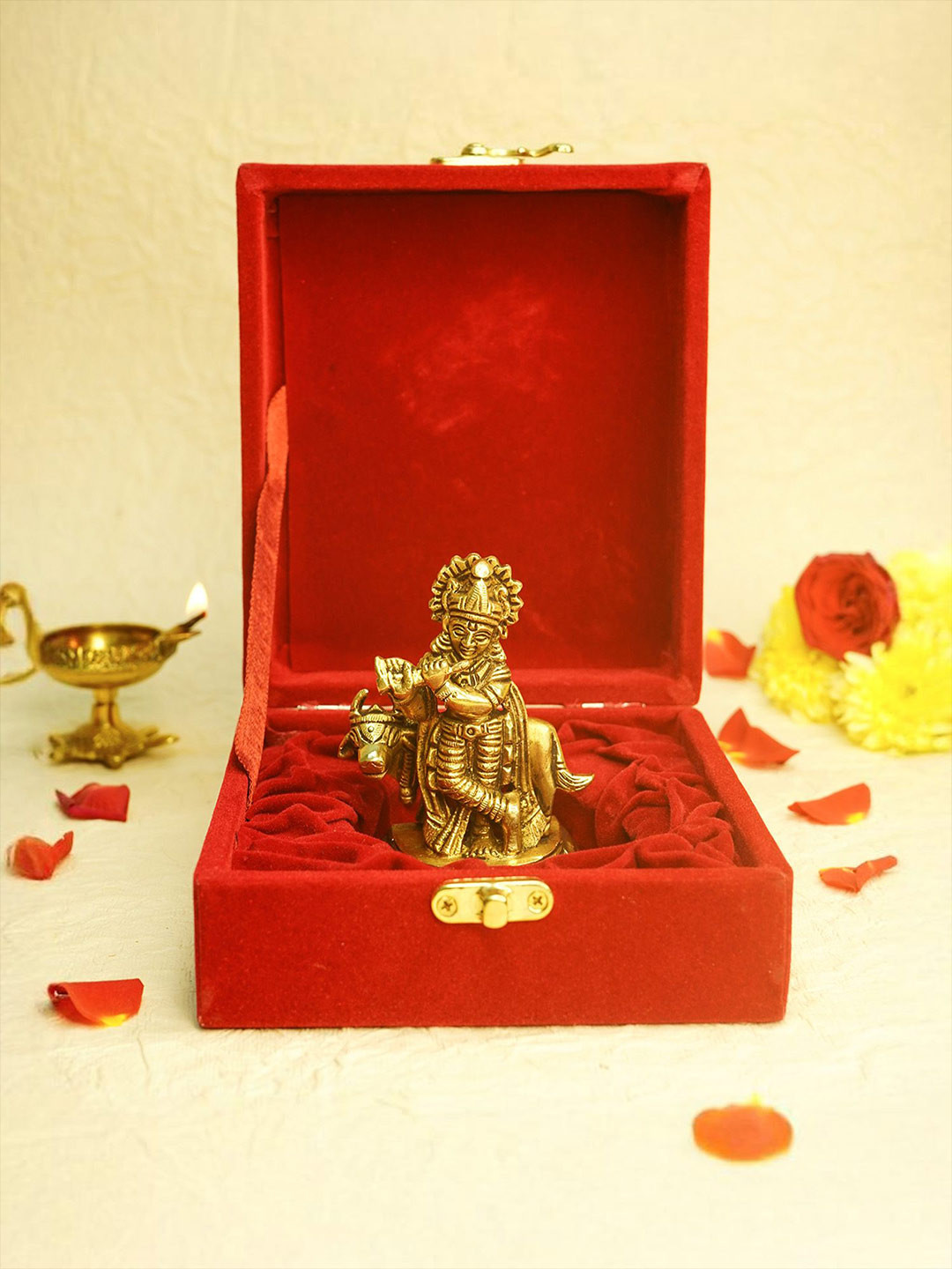 Ekhasa Krishna Murti Gold Brass Metallic Prayer Room Tiny Showpiece - 1.8 Inches
