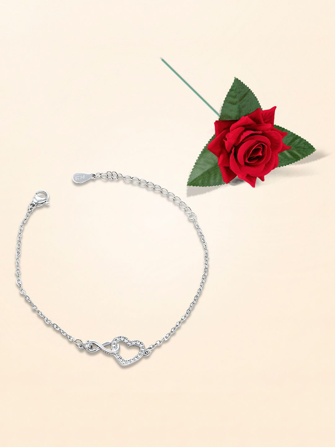 Peora Silver-Plated Cubic Zirconia Studded Link Bracelet With Red Rose