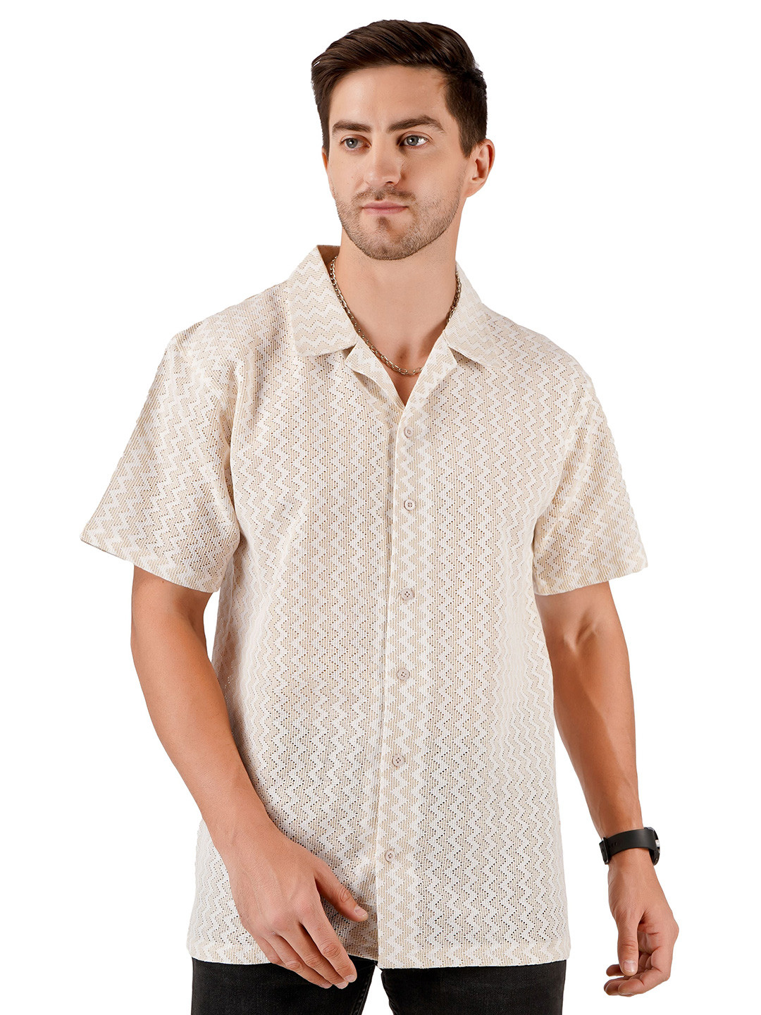 MIMID Men New Relaxed Fit Cuban Collar Chevron Striped Cotton Casual Shirt