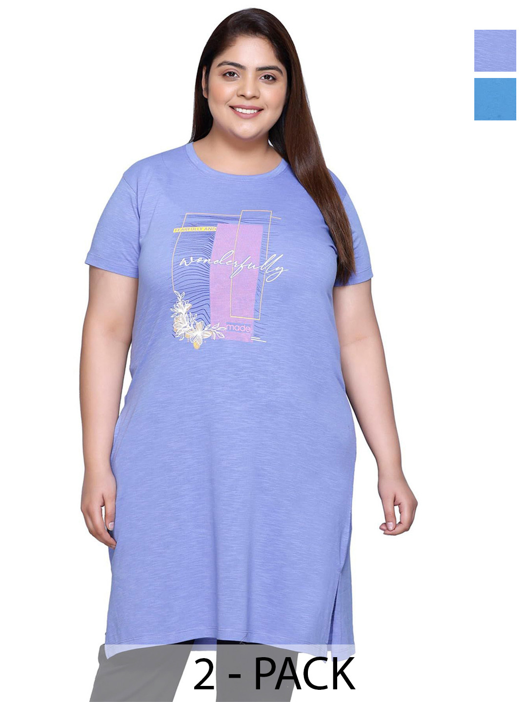 IN Love Pack of 2 Women Front Printed Plus Size Nighty Chemise Nightdress