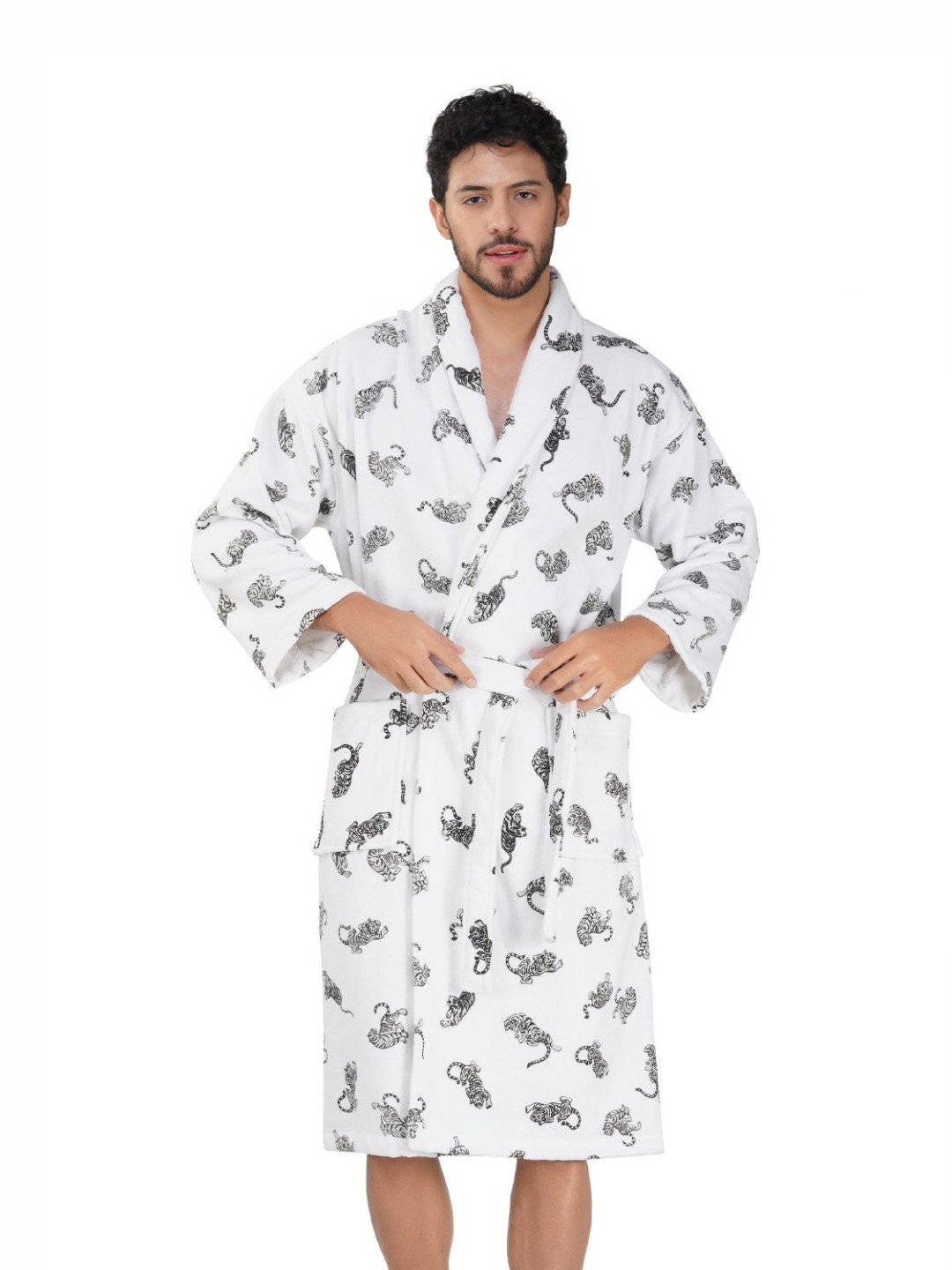 Myntra Elegant Homes Jaguar White Animal Print Cotton Drawstring Midi Bath Robe-XL