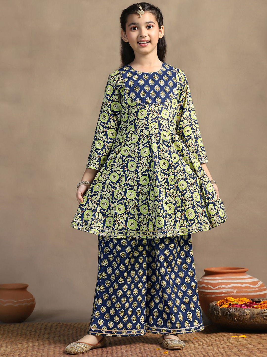 Sangria Girls Dark Blue Floral Printed Round Neck Gotta Patti Peplum Kurta And Palazzo