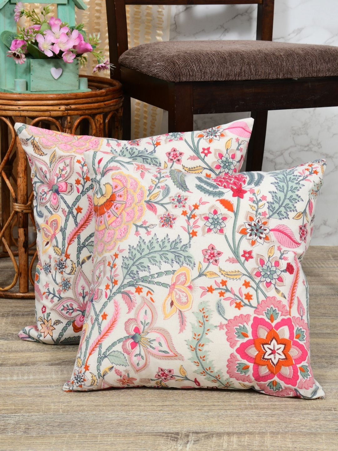Clasiko Autumn Sedum Floral Cotton 2 Pcs Square Cushion Covers - 18 x 18 In