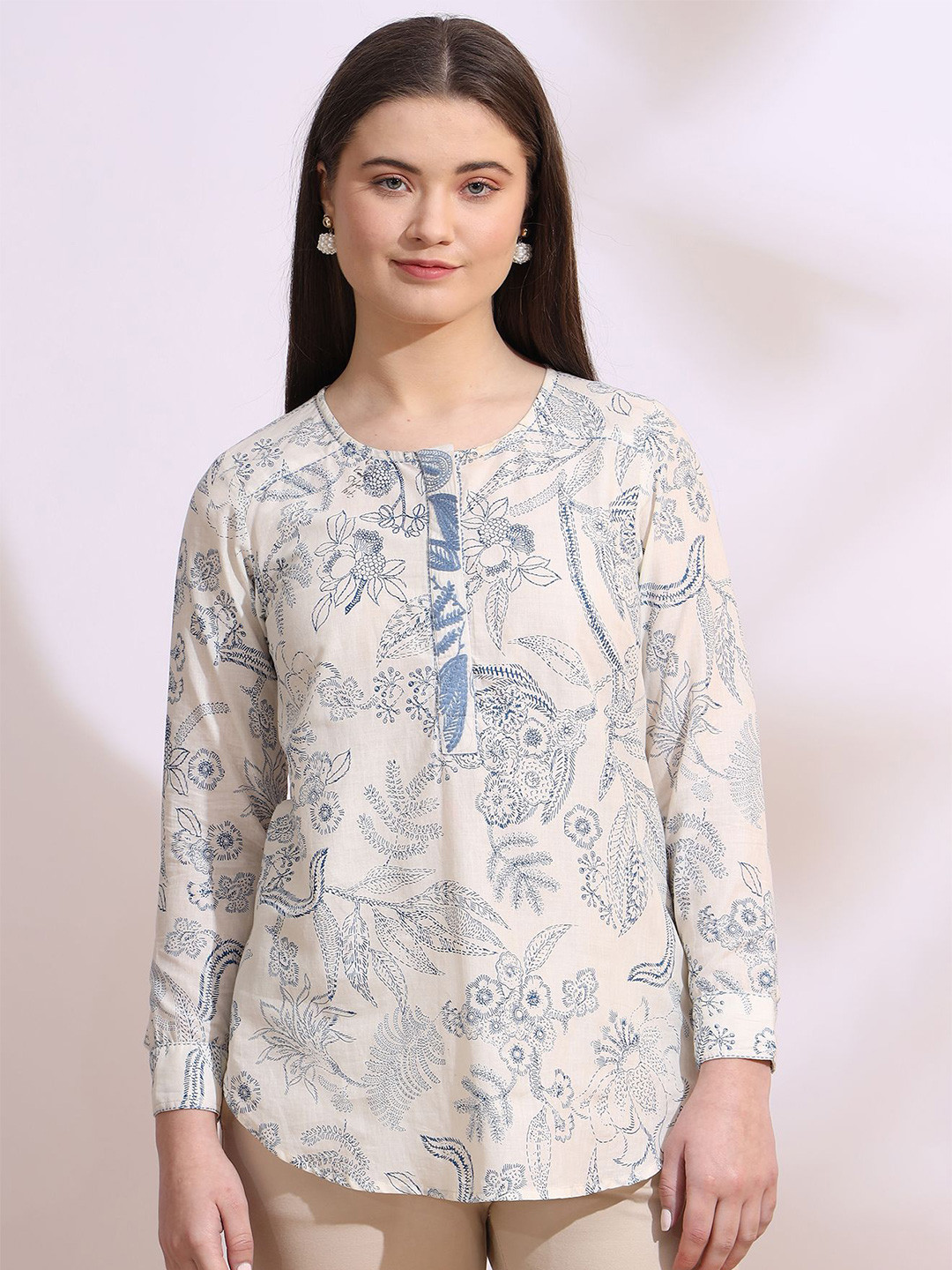 W Women Floral Printed Round Neck Cotton Top