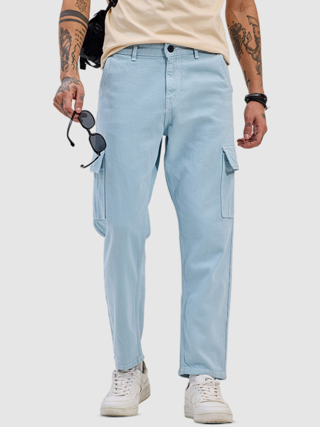 Snitch Men Comfort Light Blue Baggy Fit  Cargo Styles Jeans