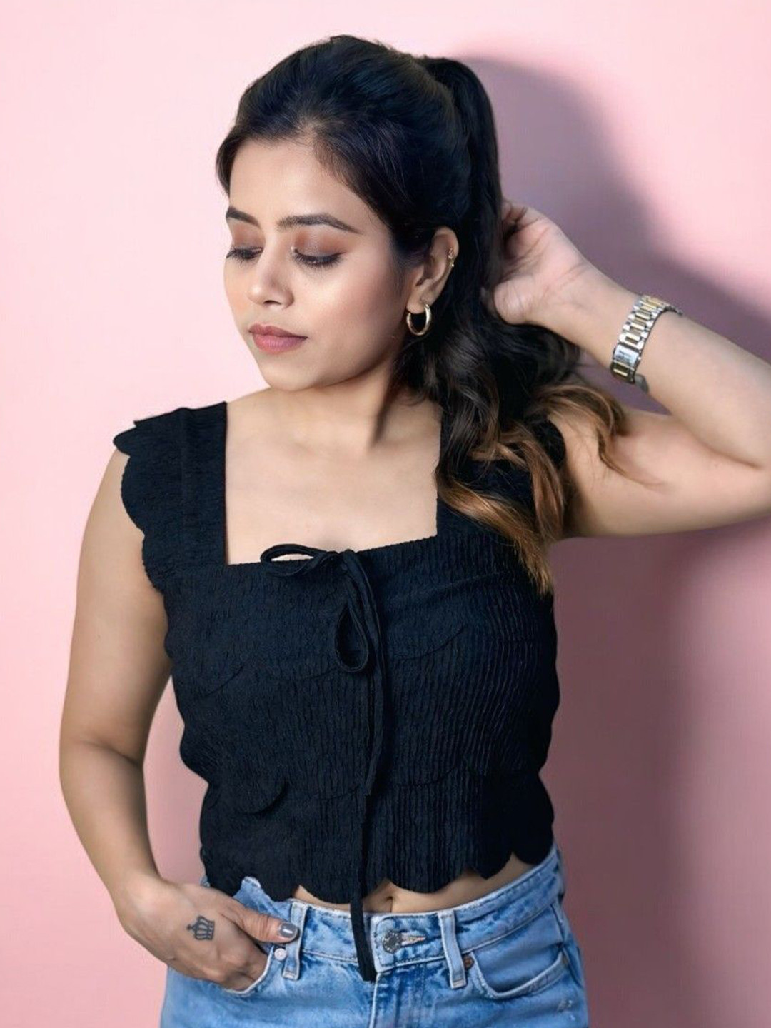 HOW House Of Wear Women Textured Square Neck Top