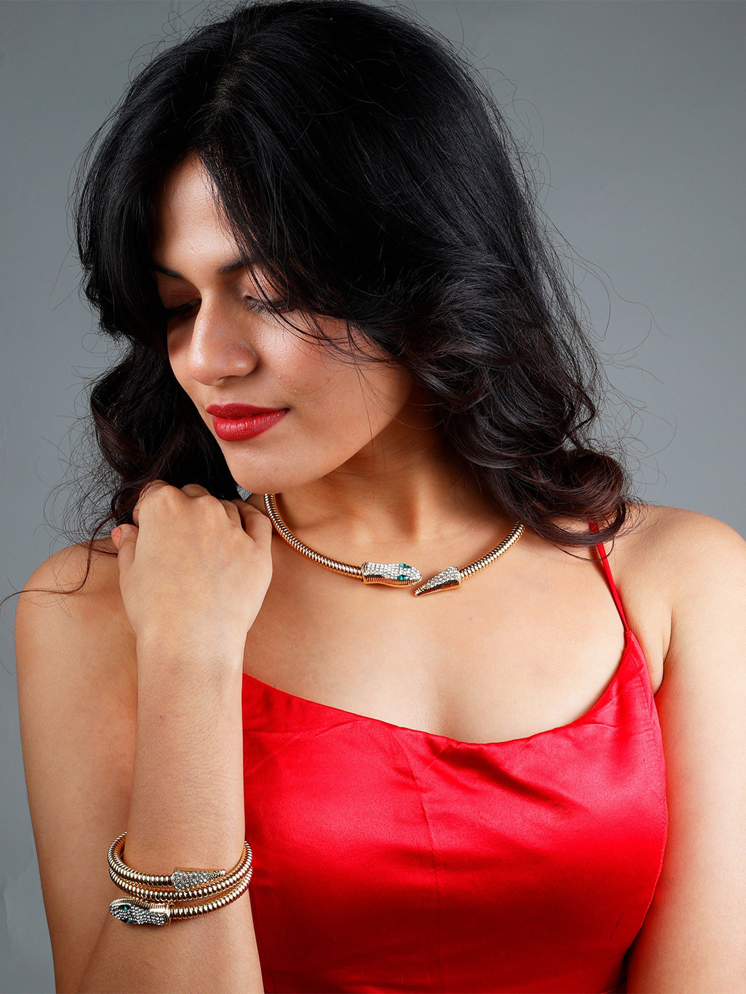 ISHI New York Gold-Plated Cubic Zirconia Studded Crystal Snake Bracelet