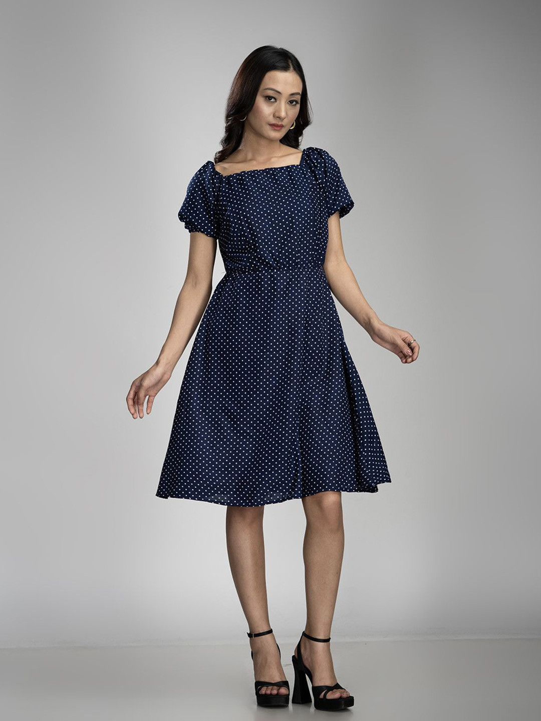 KRISS-CROX Women Polka Dots Print Square Neck Puff Sleeve Fit & Flare Dress