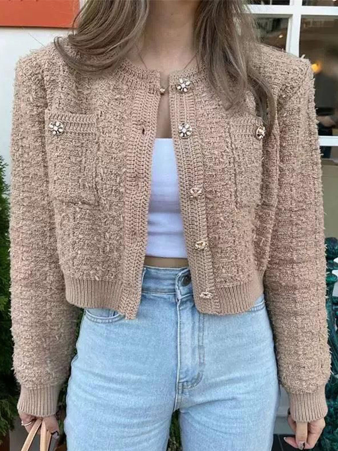 Miss Mosa By Akanksha  Beige Elena Cropped Button Down Cardigan