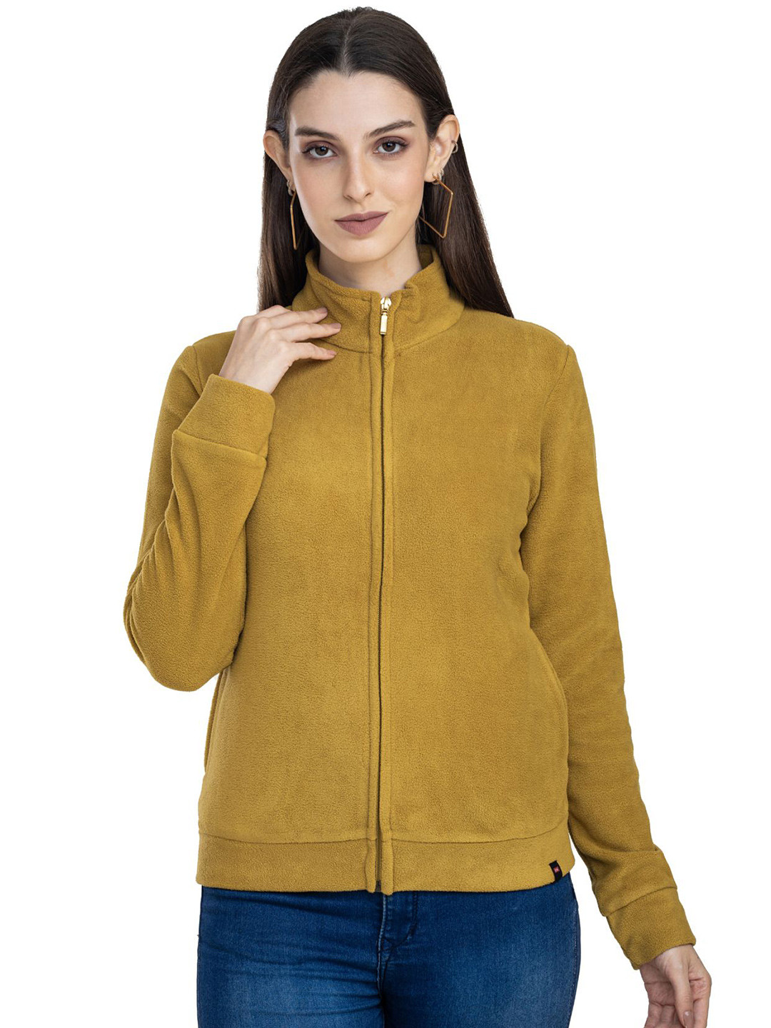 Moda Elementi Women Mock Collar Front-Open Sweatshirt