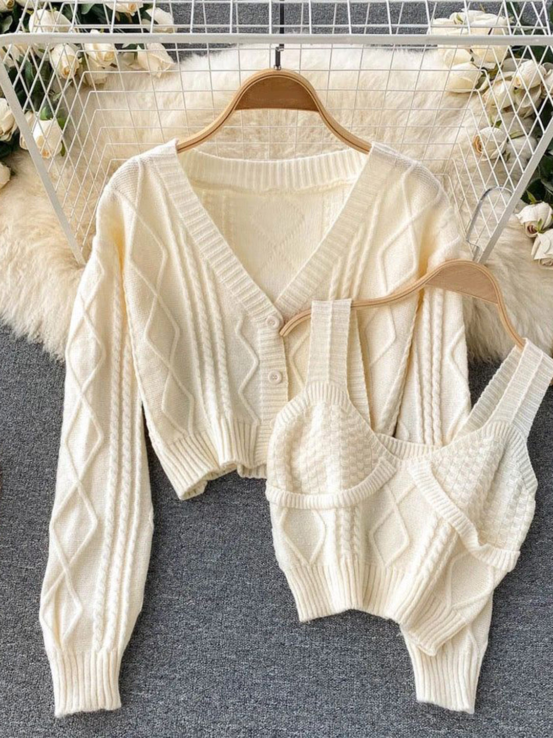 Miss Mosa By Akanksha  Women  Beige Cyra Premium Woolen Crop Sweater Set