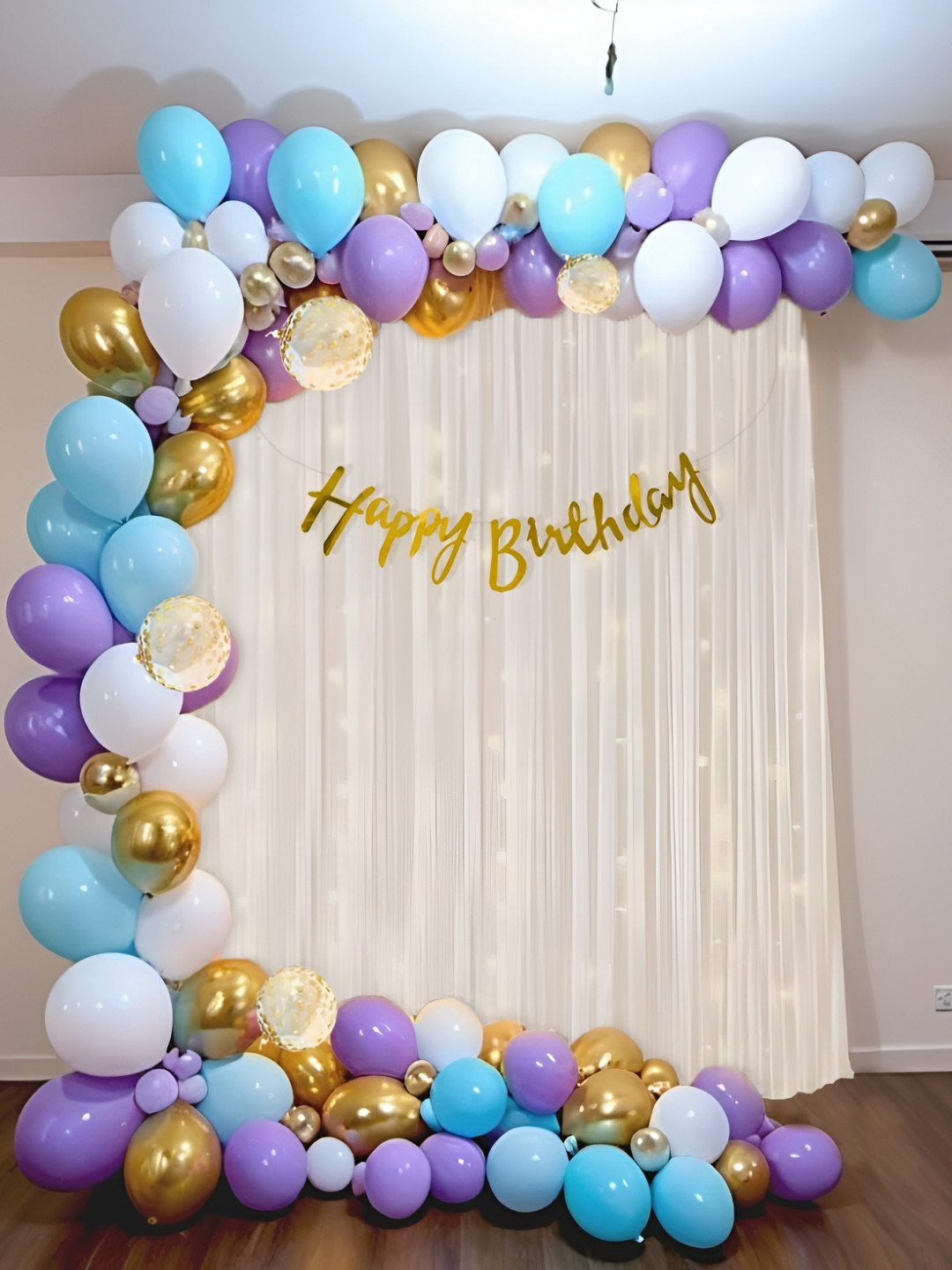 Special You 64-Pcs White & Blue Balloon & Fairy Light Happy Birthday Decor