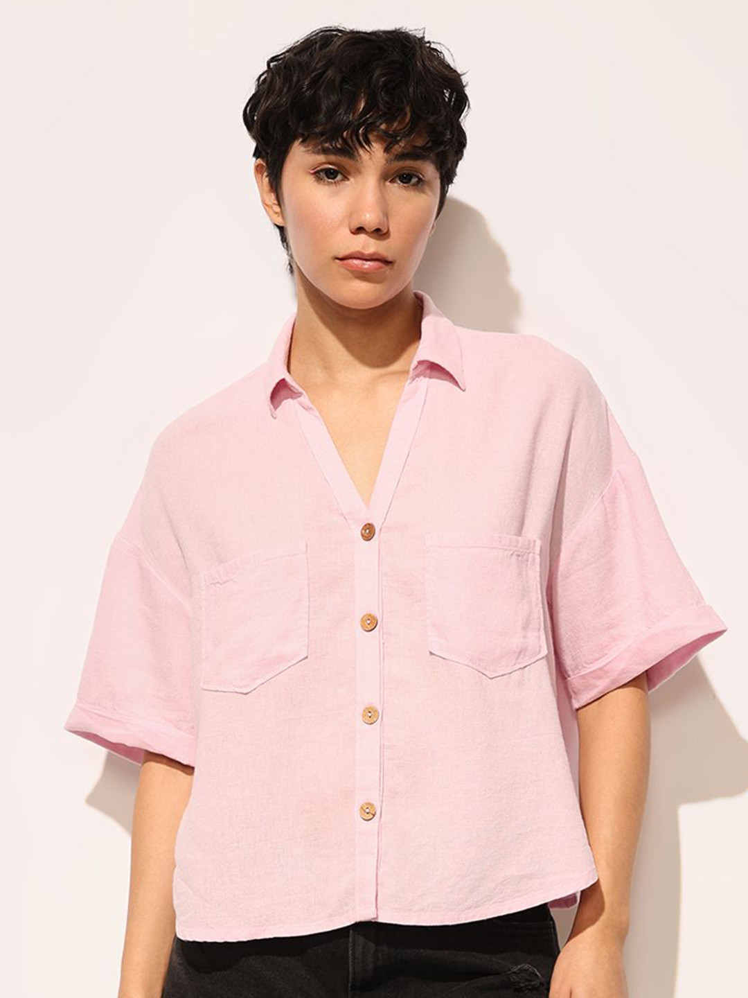 ONLY Women onldBOSE Boxy Fit Spread Collar Solid Linen Casual Shirt
