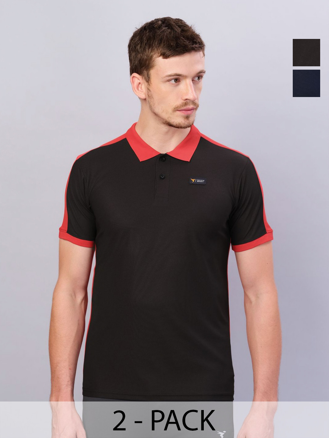 Technosport Men Pack Of 2 Colourblocked Polo Antimicrobial Badminton Slim Fit T-shirt