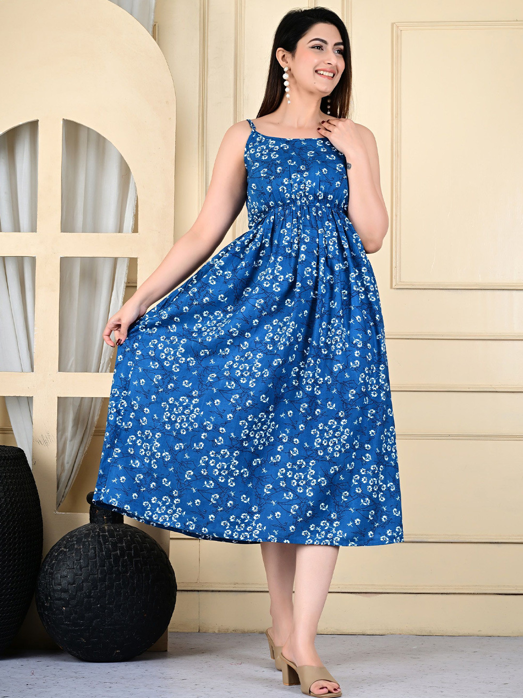 Nefies Floral Print Fit & Flare Pleated Midi Dress