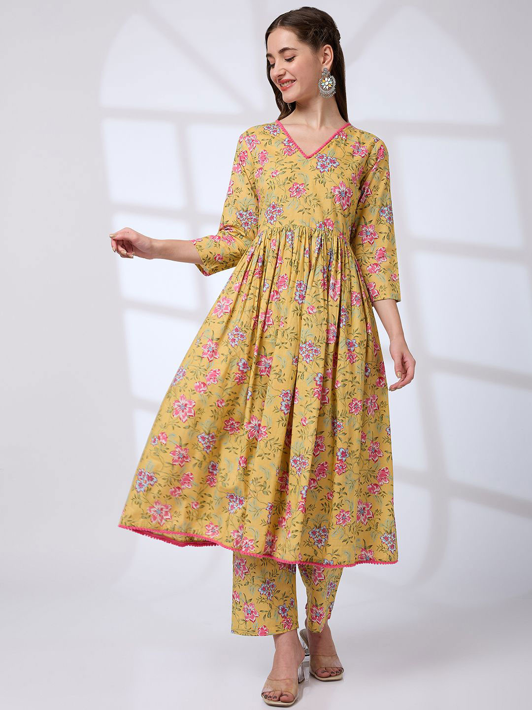 Globus Pom Pom Lace V-Neck Floral Print Pleated A-Line Kurta With Pants Workwear Set