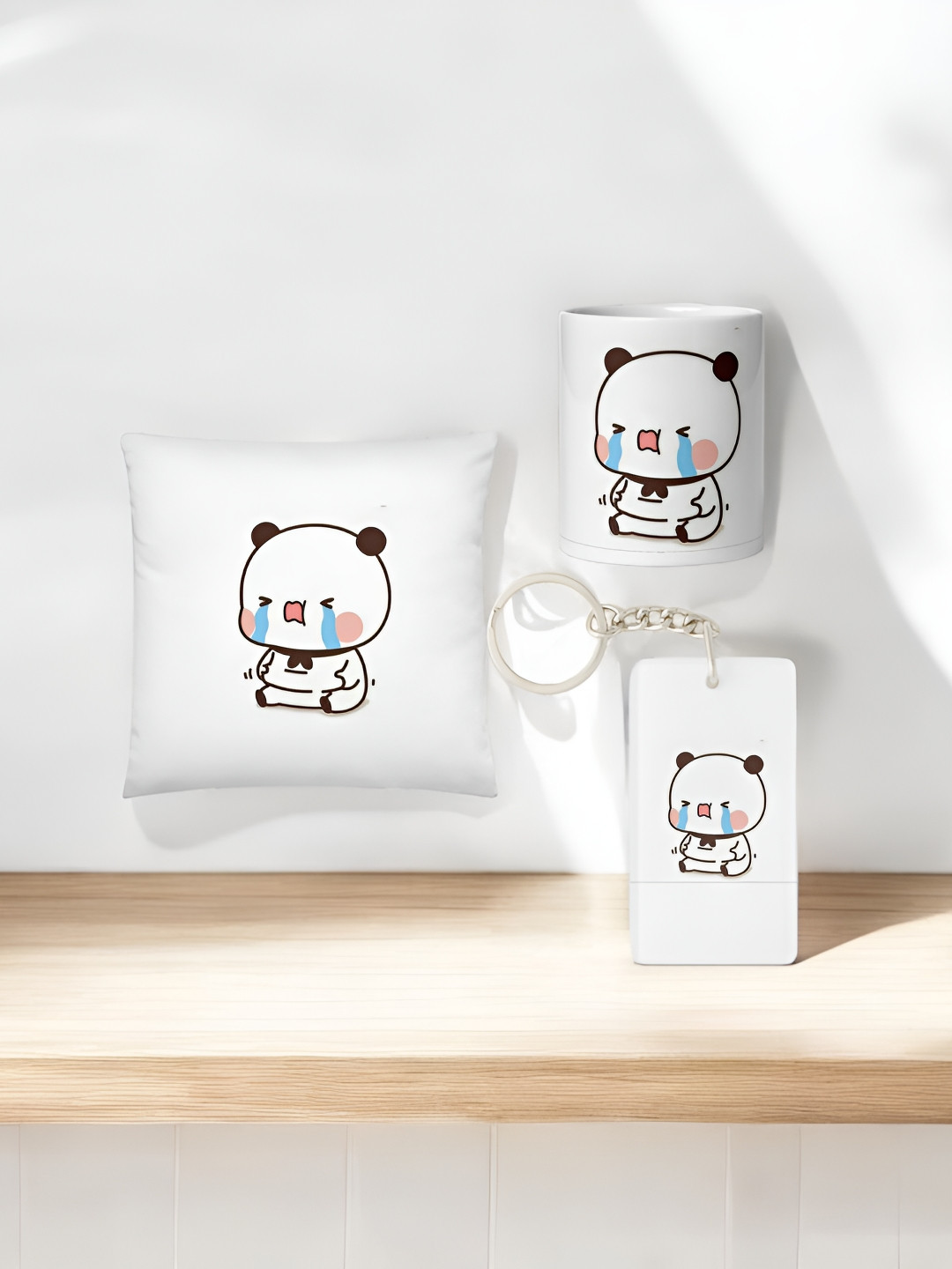 Anikmart 3-Pieces White & Black Printed Cushion With Mug And Key Chain