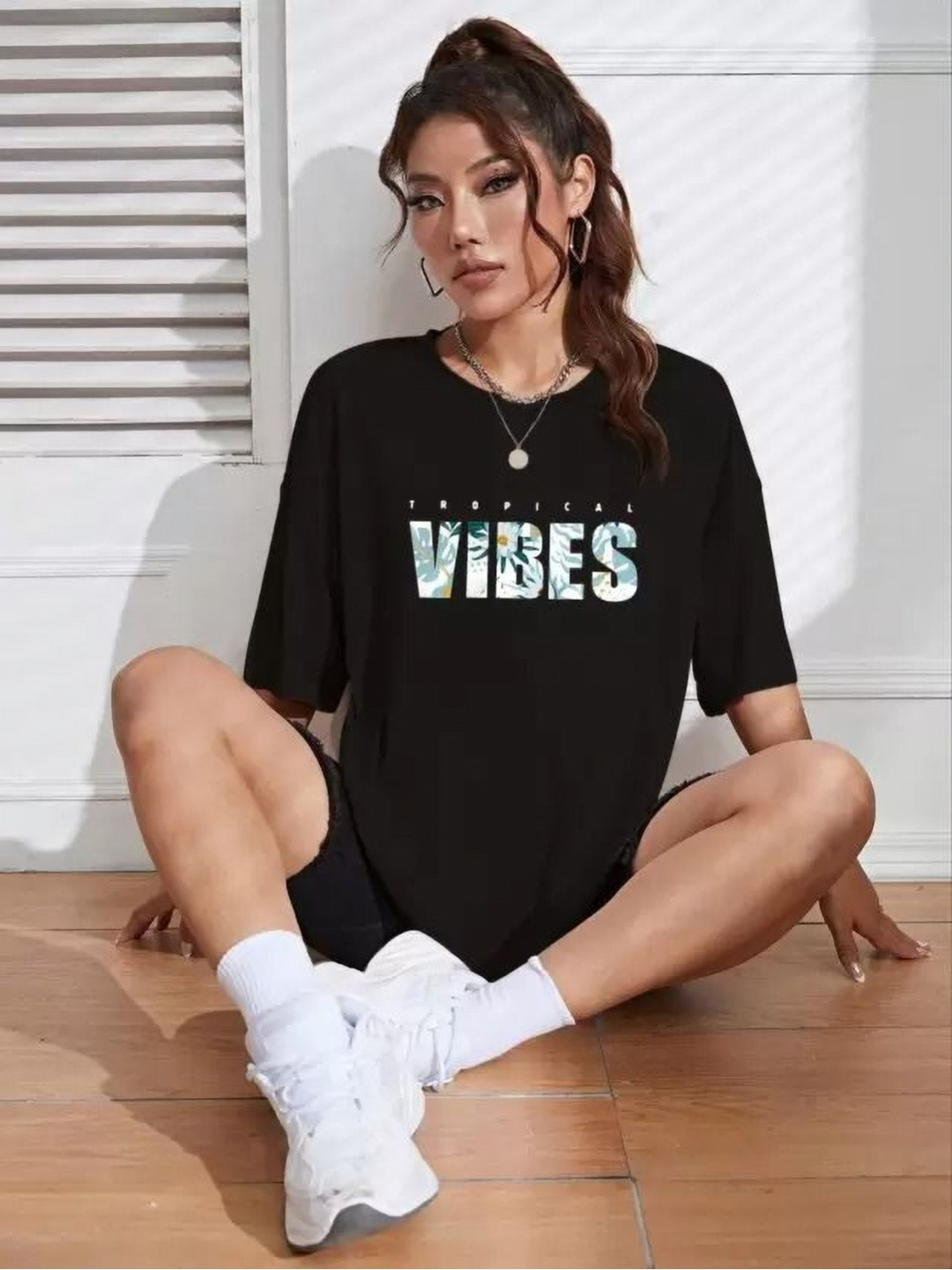 TOGS & TERRE Women Typography Printed Round Neck Cotton Oversized T-shirt