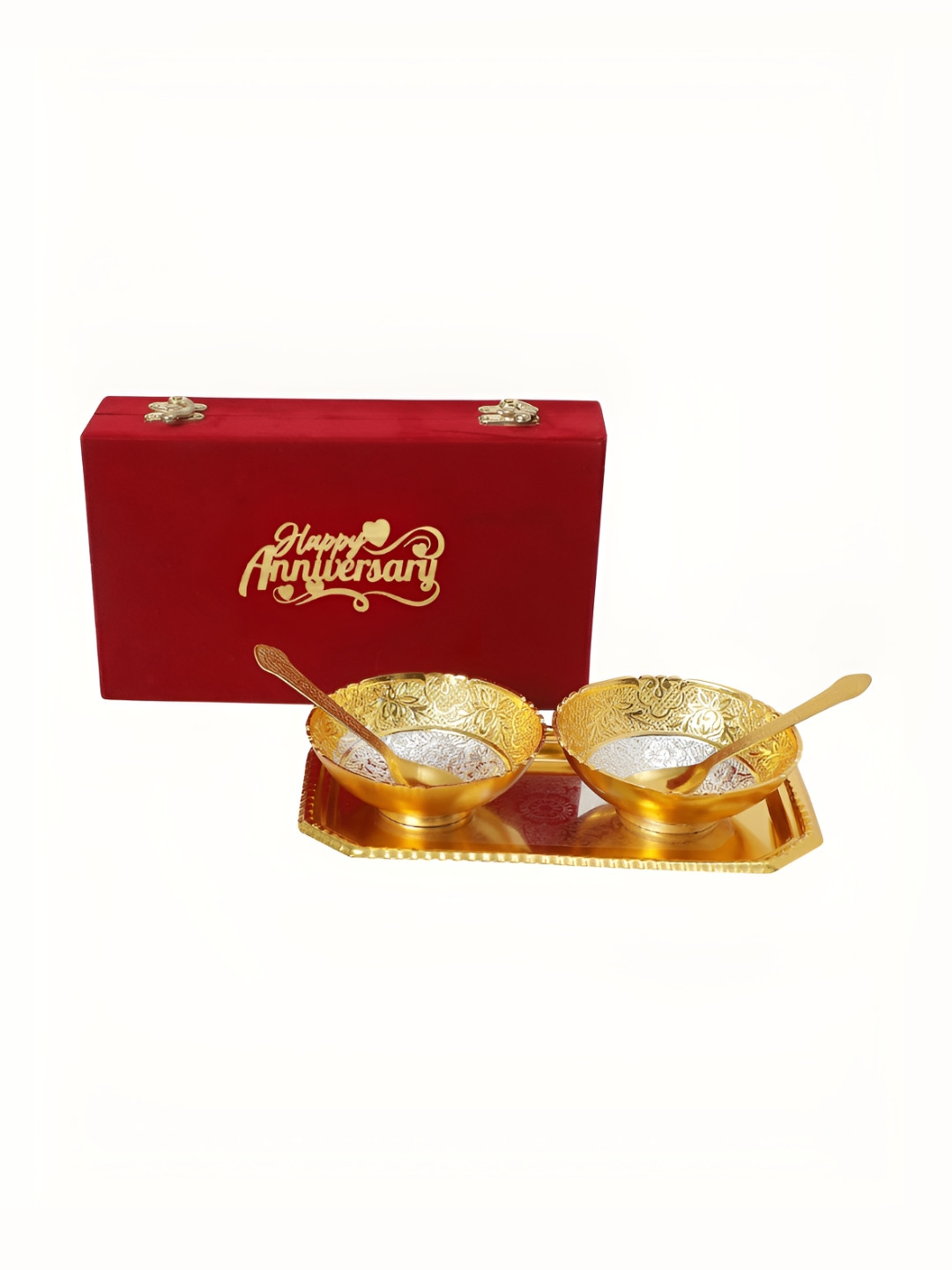 INTERNATIONAL GIFT Gold-Toned 5 PCS Textured Bowl Set With Tray & Spoons With Velvet Box