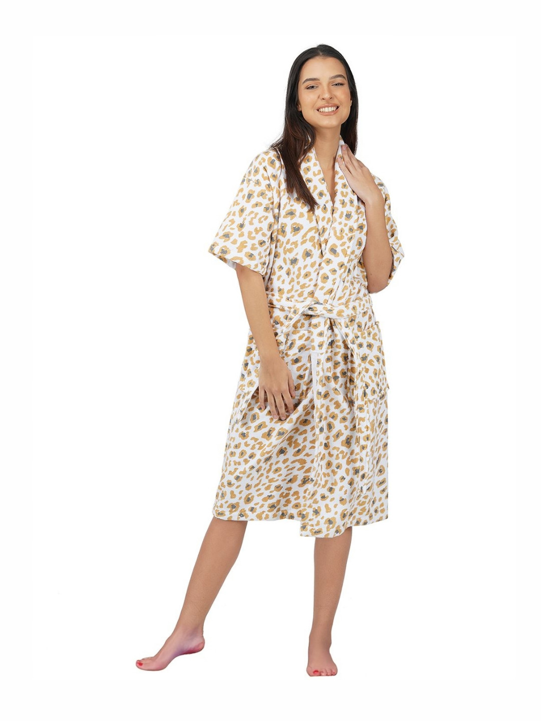 Myntra Elegant Homes Leopard White Animal Print Cotton Drawstring Midi Bath Robe-L