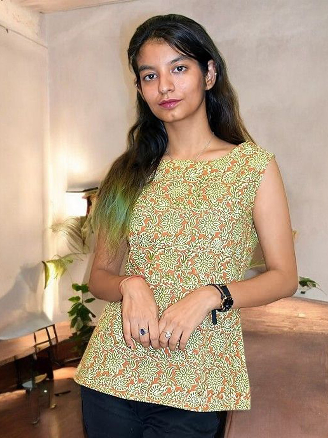 JAIPUR HAND BLOCK Women Floral Printed Boat Neck Sleeveless Cotton Tunic