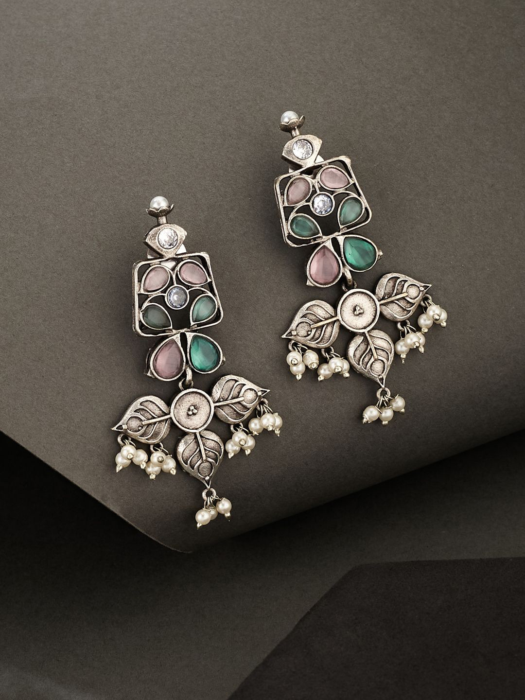 ATIBELLE German Silver-Plated Artificial Stones Studded & Beaded Shaped Drop Earrings