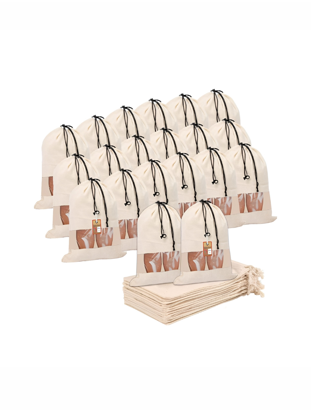 atorakushon Beige & Transpatent 20 Pieces Cotton Reusable Travel Shoes Organisers