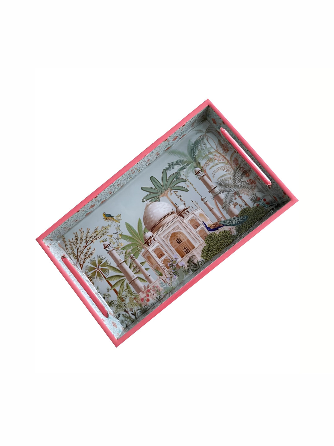 MAATIR DESIGNS Green & Pink Printed Dishwasher Safe Wood Serving Tray