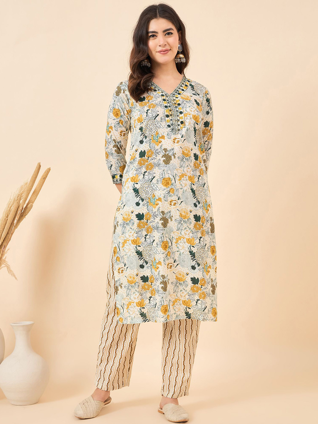 Anouk Cream And Brown Floral Printed V-Neck Pure Cotton Kurta With Trouser