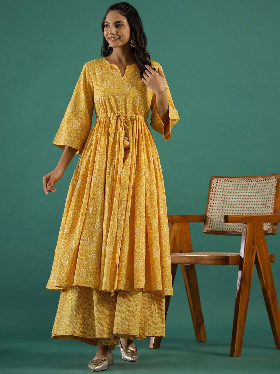 Sangria Yellow Bandhani Printed Notch Neck Empire Anarkali Pure Cotton Kurta With Palazzos