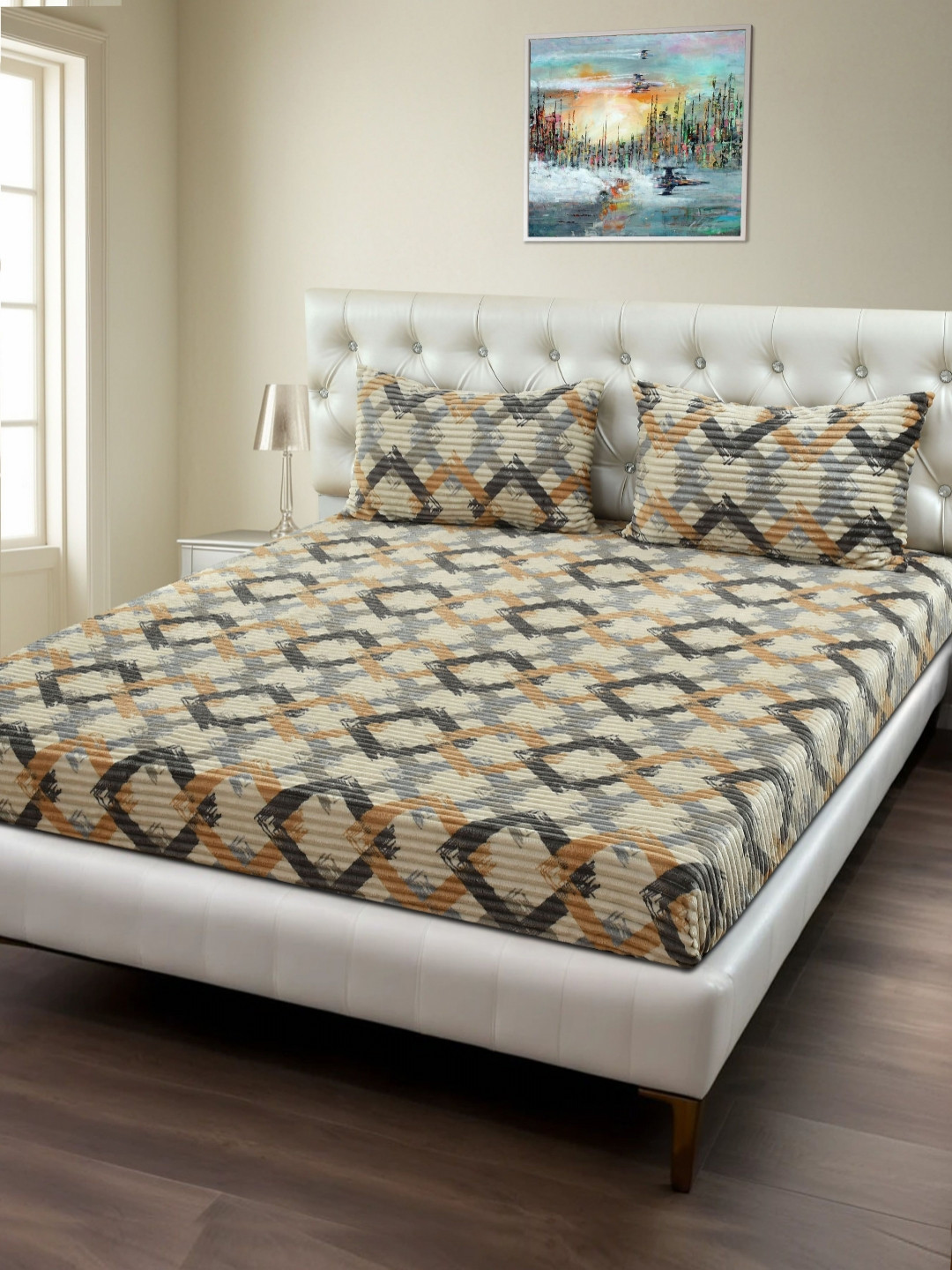 BREVARD Fleno Off White Geometric Wool 210 TC Fitted Single Fine Bedsheet with a Pillow Cover-91 x 182 cm