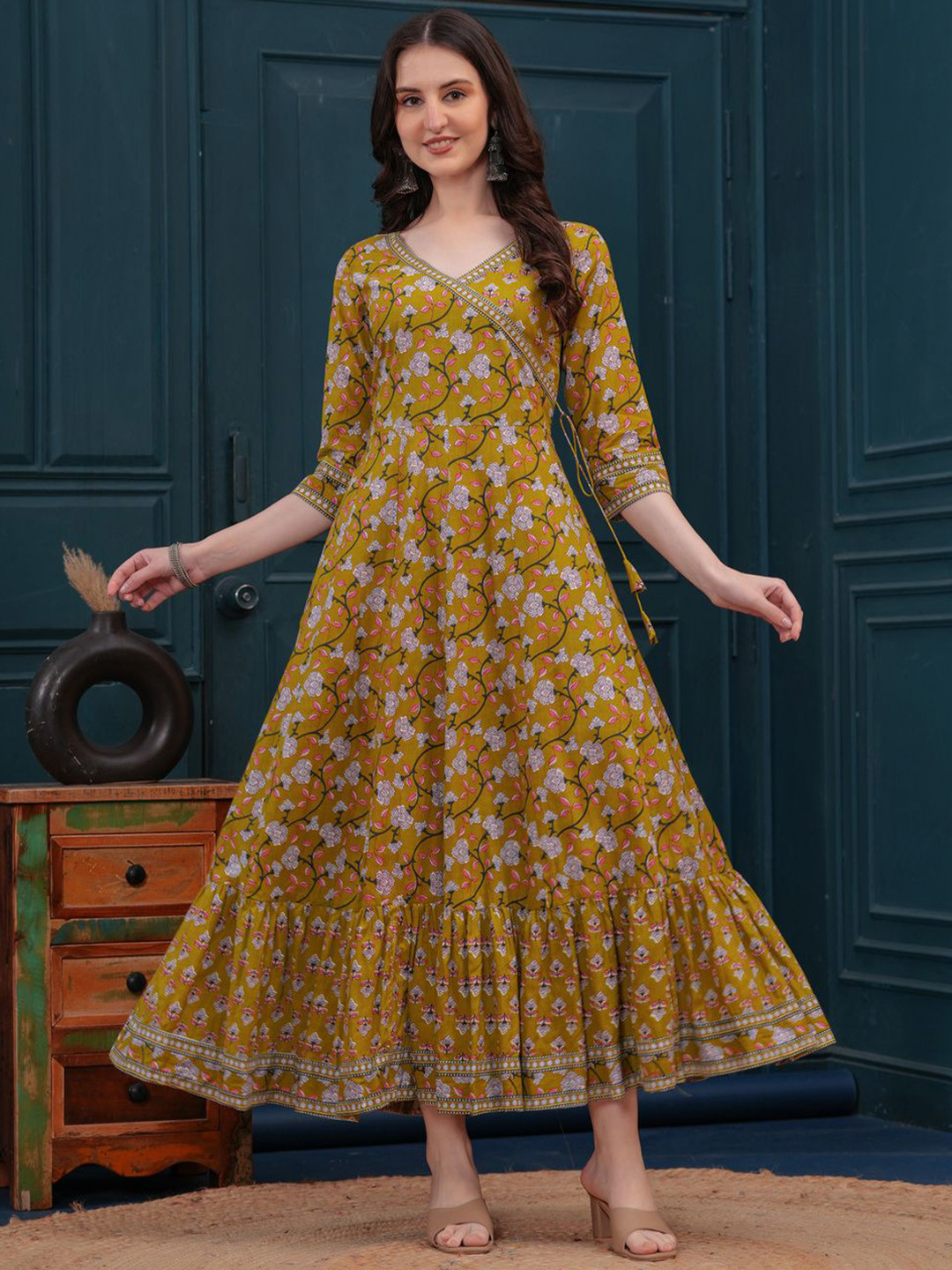 Da Vastraagaar Ethnic Motifs Printed V-Neck Pure Cotton Angrakha Kurta