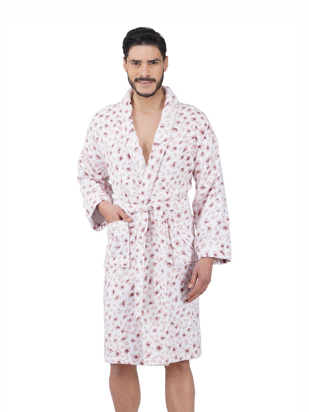 Myntra Elegant Homes Leopard White Animal Print Cotton Drawstring Midi Bath Robe-XL