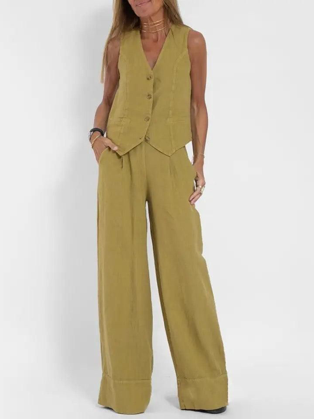 Miss Mosa By Akanksha  Olive Green Laiden Statement Linen Vest Suit With Pants