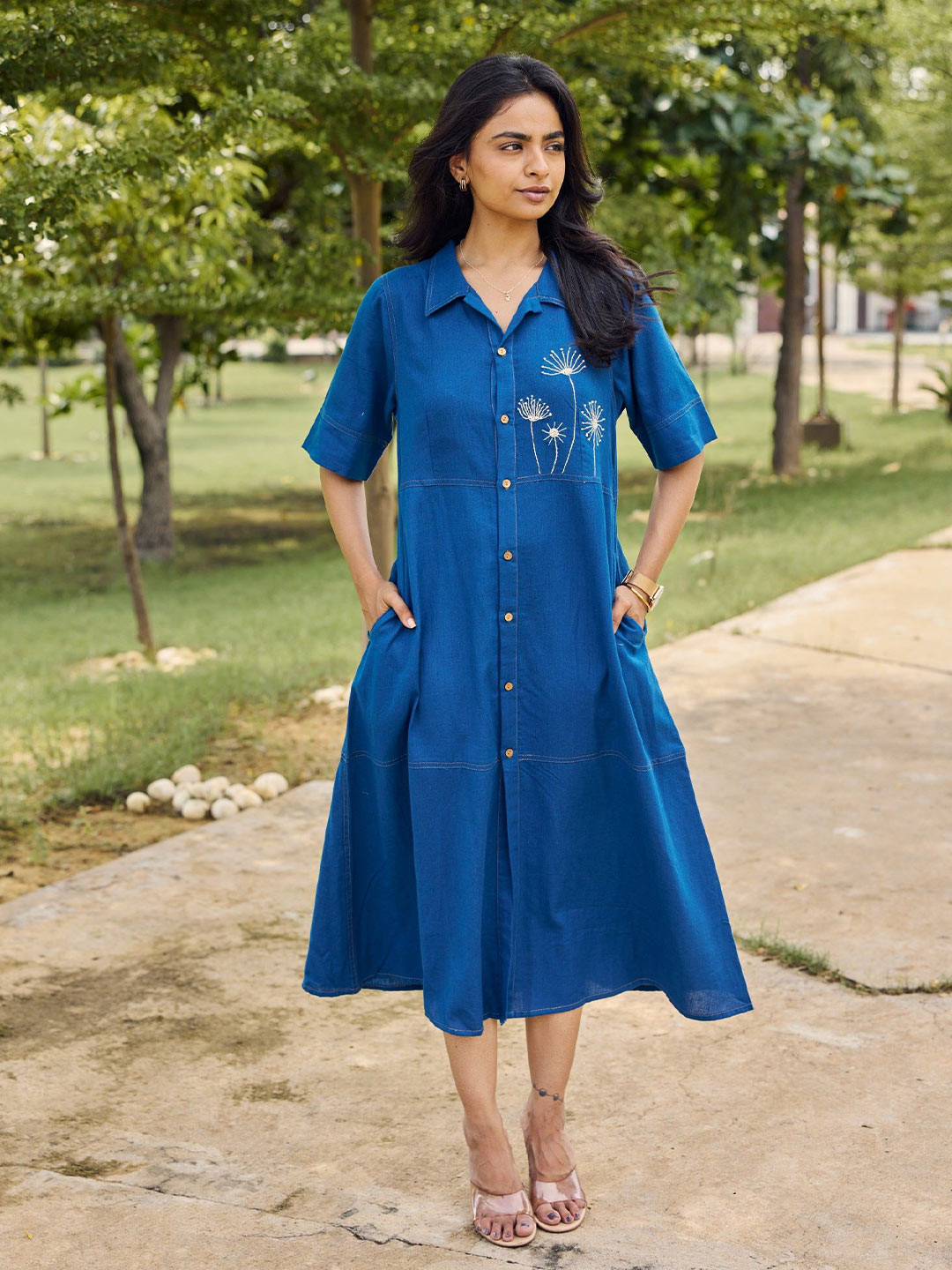 Sencei Women Cotton Self Design Embroidered Shirt Collar Midi Shirt Dress