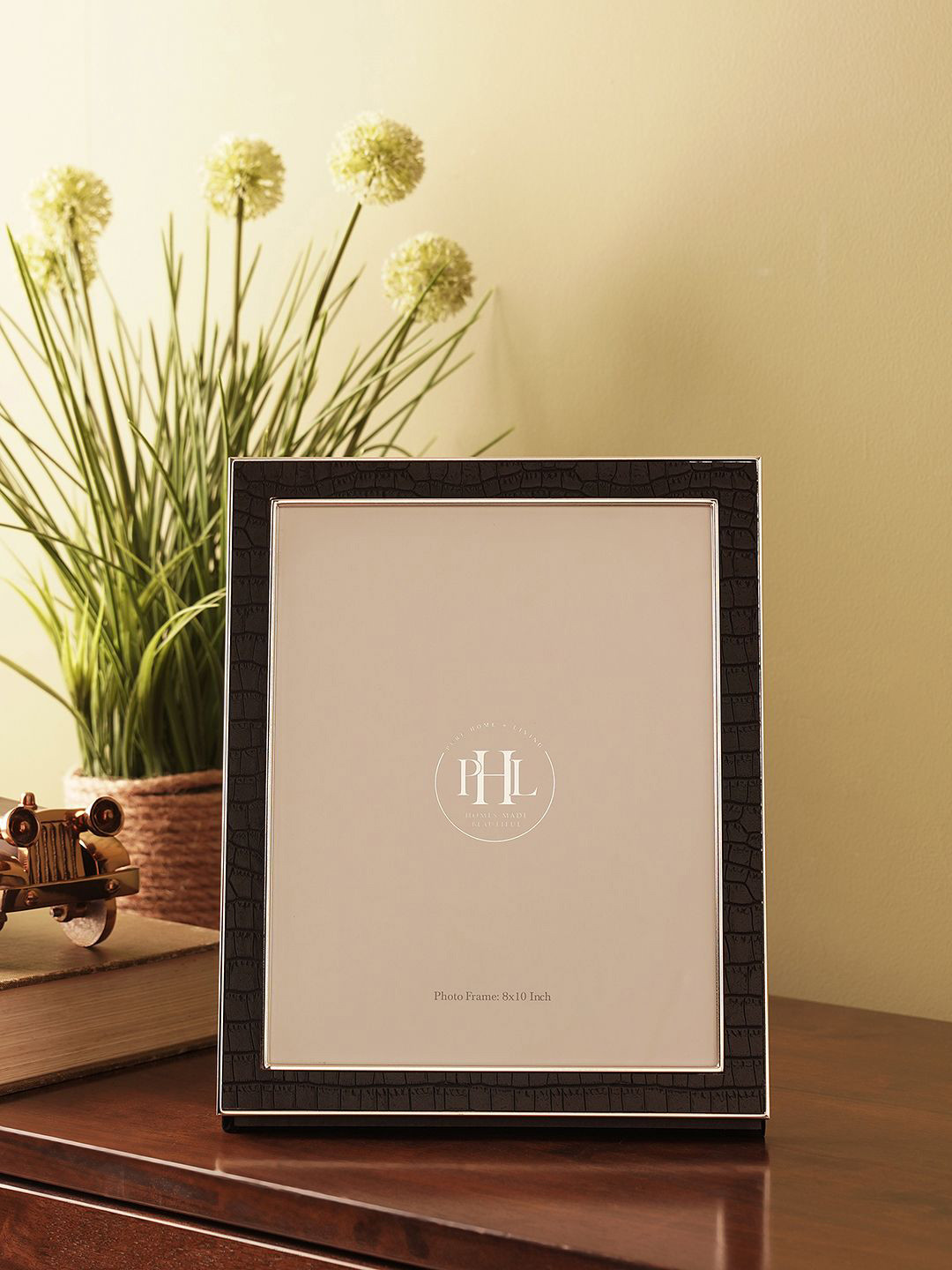 Pure Home and Living Croco Faux Leather Silver-Toned & Black Glass Table Photo Frame