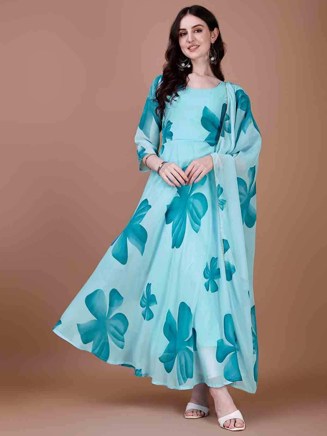 Jash Creation Women Floral Printed Fit & Flare Maxi Ethnic Dresses With Dupatta